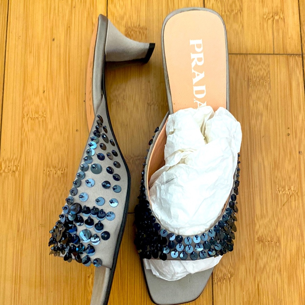 Prada Gray Sequin Embellished Slide Sandals